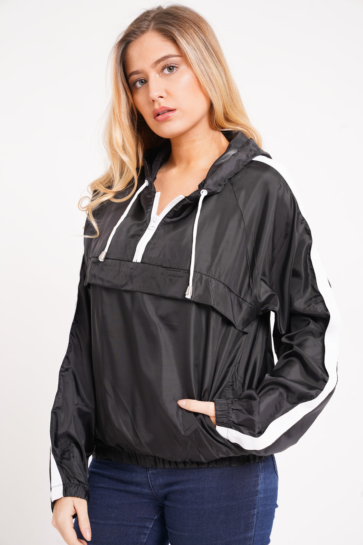 Half Zip Stripe Hooded Cagoule | Affinity Wholesale Fashion